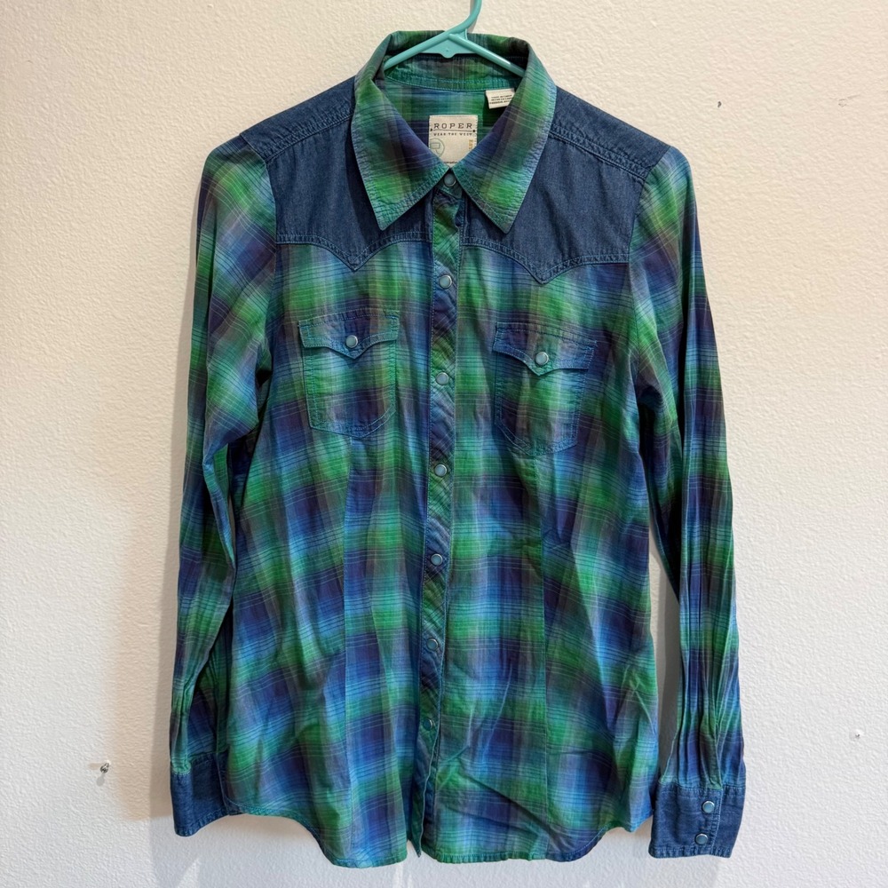 Roper Womens Green Blue Plaid Western Snap Shirt Denim Yoke Cotton Medium